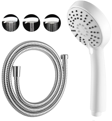 OFFO Alcachofa Ducha con Manguera de 1.6m, Cabezal Ducha de Mano de 3 Modos, Redondo Alcachofa Ducha, Económica Shower Head, Telefono Ducha con Manguera para Baño, Blanco