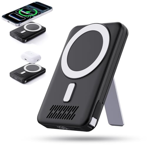 2025 Latest Wireless Power Bank, 12800mAh Portable Charger with Built in Cables, LED Display Magnetic Battery Pack Travel Essentials for iPhone 17/16/15/14/13/12/Pro/Mini/Pro Max Andriod (Black)