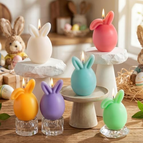 Lanpn Set med 6 påskljus i kaninform, mini påsk kanin värmeljus, blomma frukt doftljus set vardera 155 g, makaron-färg påskhare ljus gåva, vår påskdekoration bordsdekoration