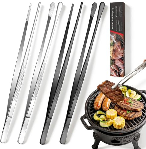 Juego 4 Piezas Pinzas Cocina 30 CM en Acero Inoxidable Pinzas de Cocina con 2 Diseños Diferentes Punta Redonda para Cocinar y Asar Extremo Puntiagudo para Emplatar y Decorar Negro y Plateado