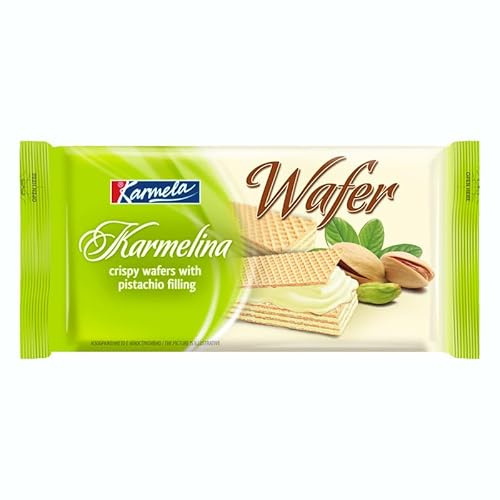 WAFER con Crema de Pistacho KARMELINA – Caja 24 Unidades 55 g – Barquillo Crujiente Relleno de Crema de Pistacho, Snack Dulce y Gourmet