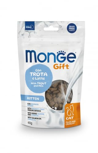 MONGE Gatto Gift Gattino con Trota e Latte Filled and Crunchy | alimento complementare per gattini in accrescimento, per il supporto dell’igiene dentale, Made in Italy, 3 confezioni da 60gr.