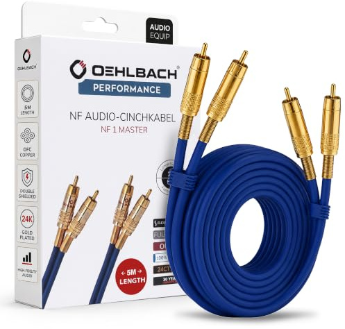 Oehlbach NF 1 Master 500 - Hervorragendes analoges Stereo Audio-Cinchkabel - 2X Cinch/2x Cinch, Vollmetallstecker, Schirmung - 5 m - blau