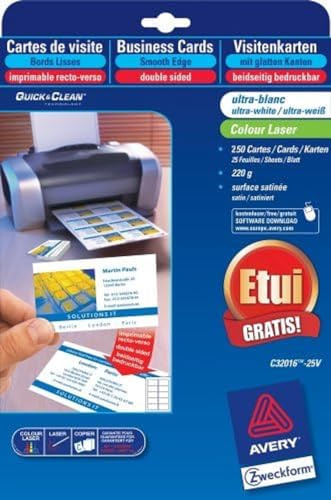 Avery Zweckform Visitenkarte Quick&Clean Colour Laser Oberflächenstruktur 220g/m² DIN A4 85x54 mm satiniert ultraweiß beidseitig bedruckbar 250 Karten 25 Blatt