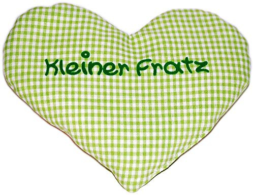 Herzkissen mit Spruch für Babys Wärmekissen mit Rapssamen Rapskissen mit Spruch Körnerkissen Personalisiertes Kissen zum wärmen, Größe: ca.15x17cm (Grün Kleiner Fratz)