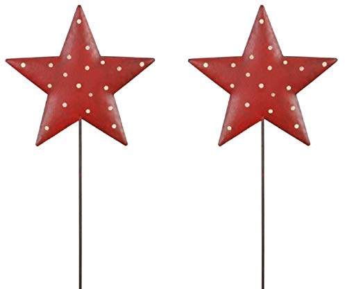 HSM weihnachtlicher stimmungsvoller Garten-Stecker Stern am Stab Dekostern Weihnachtsstern Metall rot mit weißen Punkten antikfinish Shabby Preis für 2 Stück