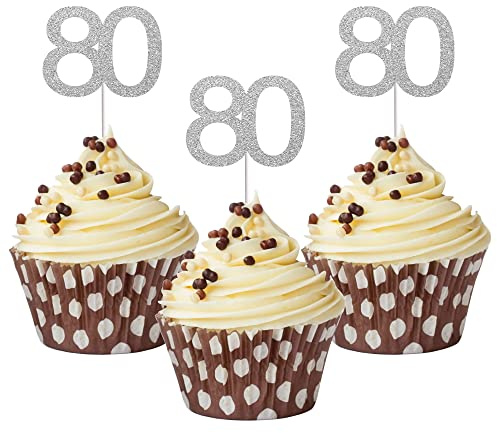 Sumerk 24PCS 80 Cupcake toppers Silver Glitter 80th Birthday Cupcake Picks Anniversary Party Decorations