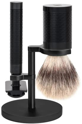 MÜHLE Rocca Rasierset - Silvertip Fibre Pinsel, Rasierhobel, Halter - mattschwarz Edelstahl mit DLC-Beschichtung - vegan
