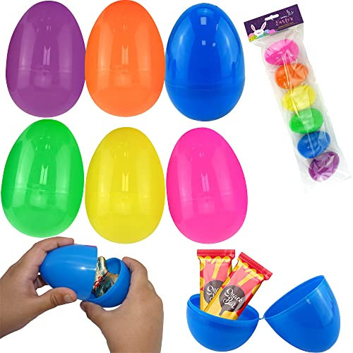 6PCs Easter Fillable Eggs 7.5cm/2.95 - Large Plastic Eggs Empty Colorful Eggshells with Hinge for Easter Hunt, Filling Treats, Basket Stuffers, Classroom Prize