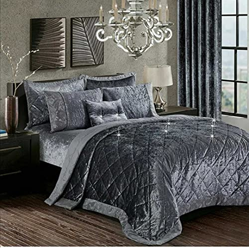 Best Linen Crushed Velvet Quilted Bedspread Bed Throw 3 Piece Santiago Super Soft Comforter Bedding Set with 2 Pillow Shams (Santiago Grey, King)