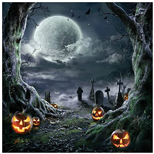 AIIKES 10x10FT Halloween Horror Nacht Fotografie Hintergrund Horror Nacht Hintergrund Kürbislaterne Hintergrund Schwarze Nacht Großer Baum Mond Weiße Wolke Hintergrund Fledermaus Hintergrund 11-897
