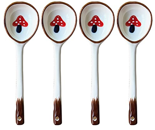 Bicuzat Vintage Ramen Soup Spoons, Ceramic Asian Soup Spoons Tablespoon, Rice Noodles Dinner Serving Spoon, Dessert Spoon, Ladles for Pho Miso Cereal Sauce Gravy Condiment, 4 PCS-Mushroom-6.6 Inch