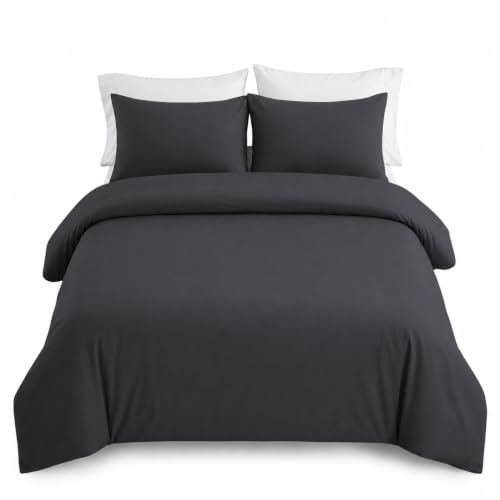 IR Imperial Rooms King Size Duvet Cover Sets Brushed Microfiber 3 PCs Plain Charcoal Bedding Set with Pillow Cases Button Closure Ultra Soft Quilt Bed Cover (230 x 220 cm)