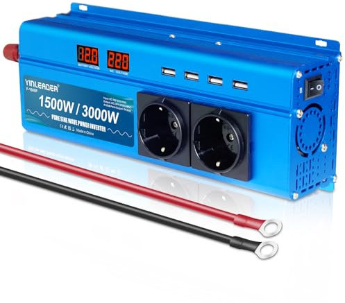 Wechselrichter 12V 230V 1500W Reiner Sinus Spannungswandler mit 2 Steckdose 4 USB Anschlüsse 2 LED /3000W