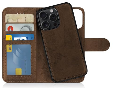 MyGadget Flip-fodral för iPhone 15 Pro - [avtagbart magnetfodral] - mobilfodral av konstläder - [flipfodral med kortplats] skyddsfodral i brunt