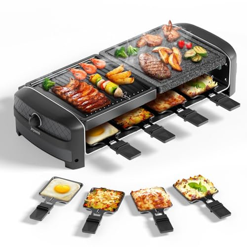 Parrilla Eléctrica JOYAMI Raclette de Mesa con Piedra Natural y Placa de Parrilla, Raclette con Placa Antiadherente y 8 Cazuelas, Parrilla Eléctrica para Asar y Gratinar, Acero Inoxidable, 1400 W