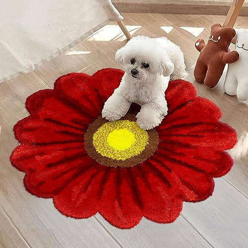 Abeigoi Badematte mit roten Blumen, handgefertigt, Acryl, rutschfeste Unterseite, Hochflorteppich, zottelige Blumenform, Teppiche für Badezimmer/Toilette/Dusche (rot, 71,1 cm)