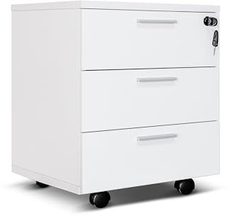 One Living Büroschrank mit 3 Schubladen, Abschließbar und auf Rollen – Fertig Montiert, Kompakte Lösung für Büro & Home Office, Platzsparende Aufbewahrung (Weiß)