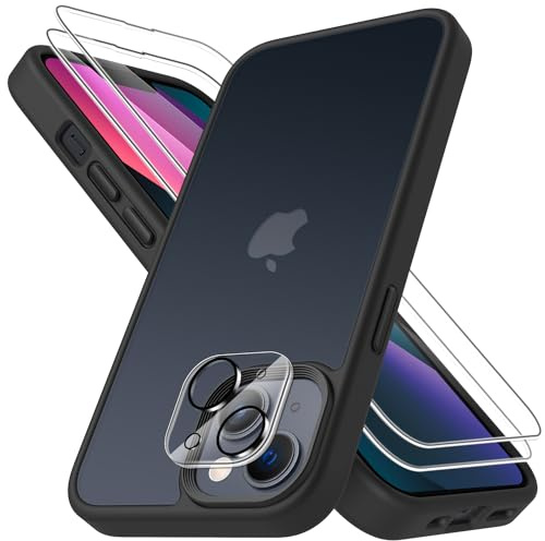 Mootobo for iPhone 13 Case, 4 in 1 [Mil-Grade Shockproof Defense] with 2 Screen Protector+1 Lens Protector,Translucent Matte Back Slim Shockproof Phone Cover for iPhone 13 6.1 inch - Black