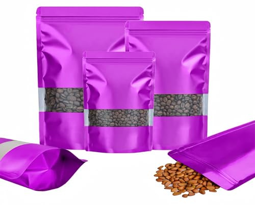 Rimiko 50pcs Resealable Stand-Up Pouches with Matte Window (Purple,15x22cm) | Heat-Sealable Resealable Bags,Aluminium Foil Pouches for Packaging, Ziplock Mylar Bags for Food Storage,Sweets,Snacks,Coffee