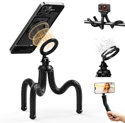 TELESIN Magnetiskt mobiltelefonstativ, 2-i-1 flexibel telefonstativ för smartphone – 360° vridbart, mini mobilstativ med 1/4-tums gänga, kompatibel med iPhone/Android, GoPro, DJI, Insta360, etc