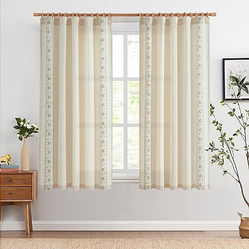 Vangao Gardinen Kurz Küche Wohnzimmer Leinenoptik 140B x 145Hcm 2er Set Blumen Bestickte Vorhänge Schlafzimmer Modern Beige und Grün mit Stangendurchzug Kinderzimmer Vorhang Vintage Landhausstil