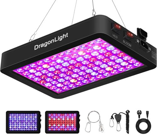 DragonLight 2024 BW1000 lampada per piante a LED spettro completo con UV IR, doppio chip LED Grow lampada con cavo da 3 metri per serra e piante da interno, ortaggi e fiori [nero]
