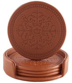 LISRSC Coasters Set of 4 - PU Leather Mat with Holder - Brown Round Coasters for Drinks - Coffee Table Pads Set Gifts for Home,Bars,Cafes,Party,Office Decor