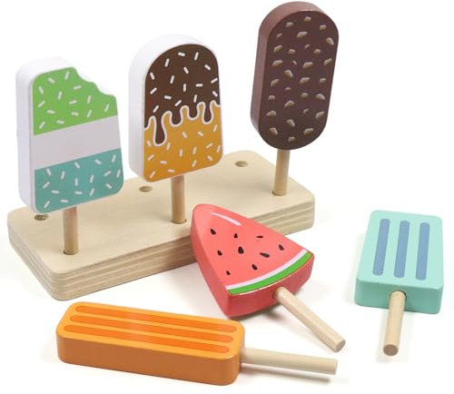 Kinder Eisdiele aus Holz, Holzspielzeug, Eisspielzeug für Kinder, 6 Arten von Eisspielzeug mit Ständer Lernspielzeug Cartoon Design für Mädchen und Jungen ab 3 Jahren Rollenspiel