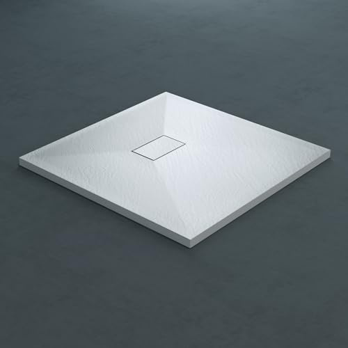 doporro Duschtasse Duschwanne 90x90x4 flach Mineralguss in Weiß DIN-Anschlüsse für bodengleiche Montage geeignet Geoma06