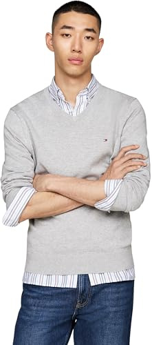 Tommy Hilfiger Men’s Essential Cotton V-Neck Jumper, Grey (Light Grey Heather), L