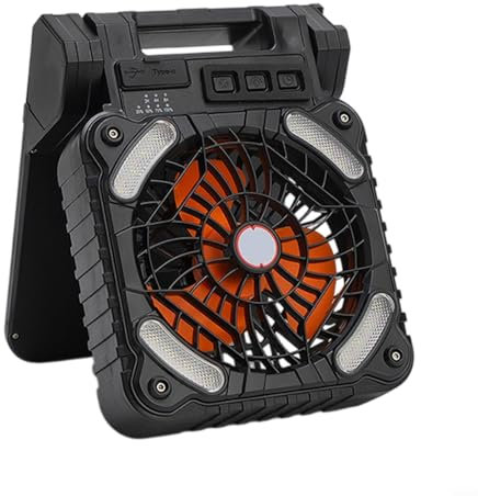 Ventilatore solare portatile con luce LED, ventilatore da viaggio, batteria ricaricabile da 5200 mAh, dispositivo di raffreddamento per campeggio, avventura all'aperto, colore nero