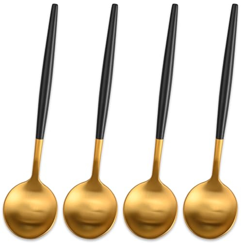 Cucharas de café y té doradas mate de 5.1 pulgadas con mango negro, cucharas pequeñas de demitasse doradas, mini cuchara agitadora para espresso, juego de 4 bonitas cucharas pequeñas