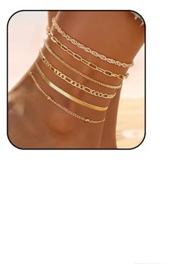 Hebterrka 5 Stück Gold Ankle Bracelets Set für Frauen Wasserfest, 14K Goldvergoldete Anklets mit Kubanerkette, Schichtung, Geschenk（Stil 2）
