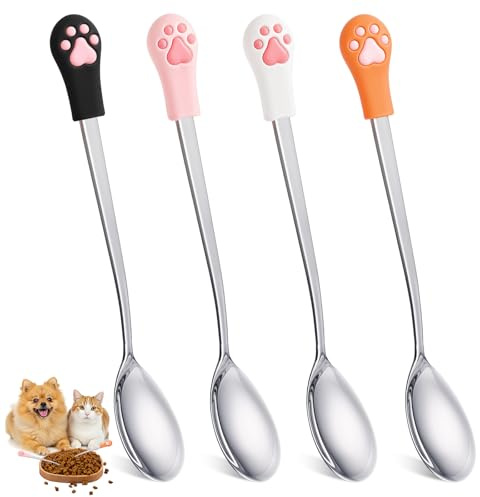 Oruola 4pcs Cat Spoon,Stainless Steel Cat Spoons for Wet Foods,Dog Food Scoop with 5.9 in Long Handle,Cute Cats Claw Mixing Spoons for Dogs and Cats Food Can(4 Colors)