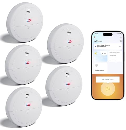 5-Pack Smoke Alarm Set with WiFi – App-Controlled Fire Detectors, Silence & Test Button, Low Battery Indicator, Tool-Free Cover for Quick Battery Swap, Includes 10 AAA Batteries