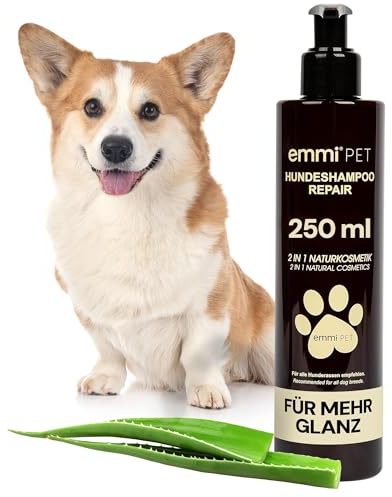 emmi-pet Hundeshampoo 2in1 Natur Repair 250 ml – Natürliche Fellpflege mit Aloe Vera & Kräutern, vegan & pH-hautneutral, regenerierend & sanft, für alle Hunde & Welpen ab 10. Woche - gesundes Fell