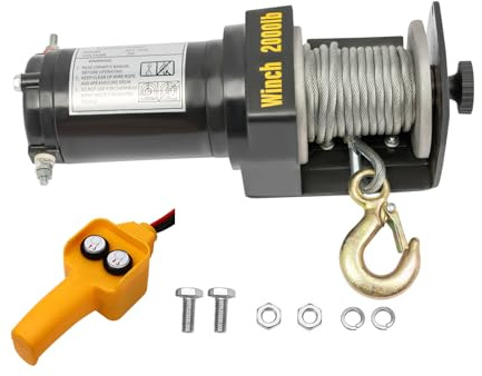 Elektrische Seilwinde 12V DC ATV/UTV-Winde mit Kabelgebundener Steuerung IP54 zum Abschleppen von Geländewagen, LKWs, Anhängern & Booten (2000LB)