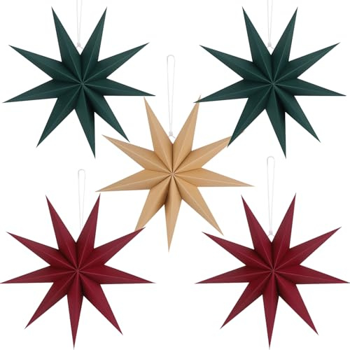 BestoFun 5 Stück Papiersterne Weihnachten Braun 30cm Rot Grün 9 Zacken Papiersterne Faltsterne Aufhängen Weihnachtsdekoration für Weihnachtsdeko Tischdeko Zimmer Hochzeit