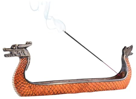 XUDREZ Dragon Boat Incense Holder Wooden Stick Holder Burner, Hand Carved Carving Censer Ornaments for Aromatherapy Yoga Meditation Home Office (Retro Yellow Dragon Boat)