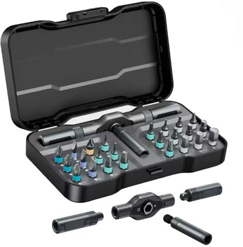 24 in 1 Magnetic Ratchet Screwdriver Set with 24 S2 Steel Bits and Detachable Handle, Compact Portable Case, Cross Flat Star Hex Square Heads for Furniture Computer Bicycle DIY Home Repair Tools