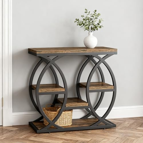 Estiliza Tavolino con 4 ripiani, consolle sottile, design industriale, stile rustico, con vano portaoggetti per soggiorno, camera da letto e ingresso, marrone