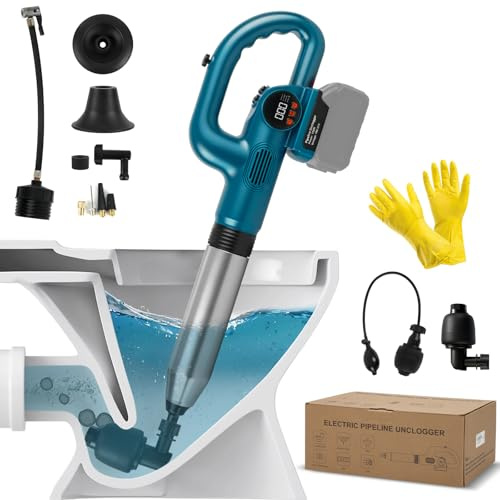 Cordless Drain Plunger Compatible with Makita 18V Battery (NO Battery) | 120W Electric Toilet Plunger, with 4 Heads, Pressure Display, Max. Pressure 8 Bar, Drain Auger, for Toilets, Sink, Bathtub