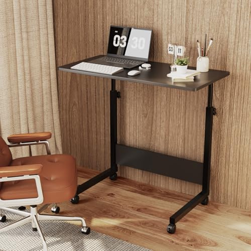 Bonnlo Side Mobile Table Laptop Table 80x40cm,Height Adjustable Rolling Desk with Locking Wheels & Edge Stopper, Portable Workstation for Bedroom Living Room Office(Black)