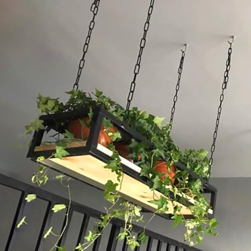 Pflanzenregal für drinnen und draußen, Metall, Holz, hängender Pflanzenständer mit Eisenkette, verstellbar, schwarz, schwebender Regal, 60–120 x 25 x 15 cm, für Heim-/Gartendekoration
