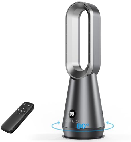 Ventilador de Torre Silencioso sin Aspas,Ventiladores Aire Frio con 8 Velocidades,2 Modos(Sueño,Viento Fuerte),Temporizador 9h,Oscilación 80°,Mando a Distancia,Pantalla LED,32dB Bajo Nivel de Ruido