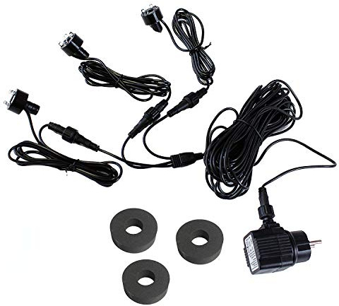 Arnusa 3er Set LED Quellsteinbeleuchtung 12V AC IP44 – Springbrunnen & Gartenbrunnen Beleuchtung mit 10 m Kabel 30 mm LED Quellstein Spots inkl. 1/2 & 3/4 Schlauchanschluss (Warmweiß)
