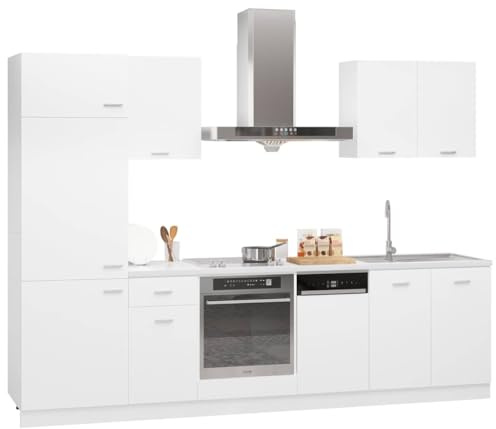 ULUYYUC 7-TLG. Küchenzeile Lyon Weiß Holzwerkstoff 60x57x207 cm platzsparende Küchenmöbel mit Spülmaschinenblende zur Wandmontage für kleine Küchen Singleküche
