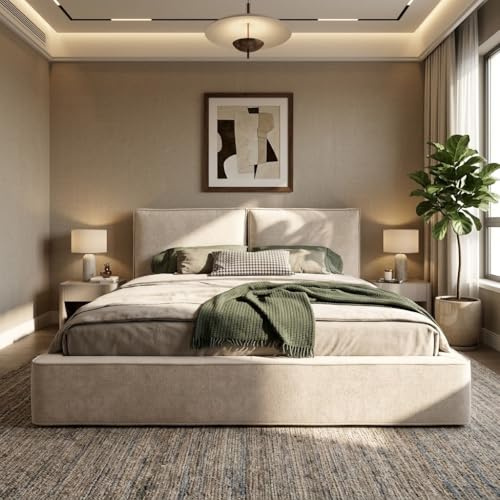 HOXINBLY Letto a piattaforma imbottito 180 x 200 cm, con Contenitore letto regolabile idraulicamente, letto con rete a doghe, testiera imbottita,letto matrimoniale ciniglia beige(Senza Materasso)
