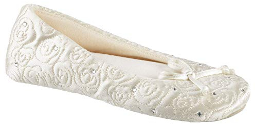Isotoner Women's Ballerina Slippers with Terry Lined and Rose Quilt Ballet Flat, Ivory, 6/7 UK